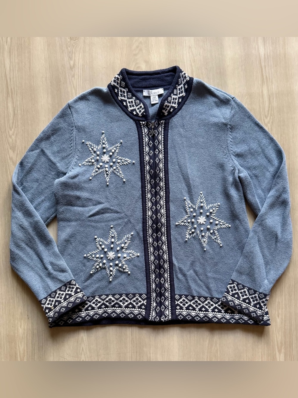 Vtg Tog Shop 100% Cotton Embroidered Snowflake Cardigan Christmas Sweater Sz PM